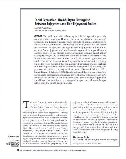 Facial Expression: The Ability to Distinguish Between Enjoyment and Nonenjoyment Smiles. Psi Chi Journal of Psychological Research